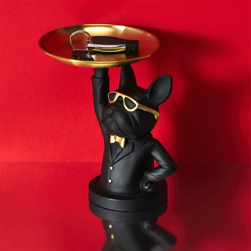Dekorační soška organizér Buldoček černý se zlatým tácem do obýváku Intesi glamour