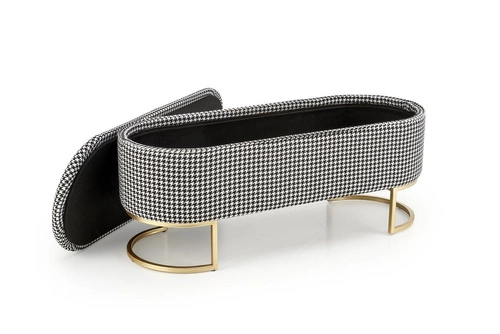 Čalouněná lavice Edessa s úložným prostorem do předsíně v pepitovém vzoru glamour na zlatých nohách