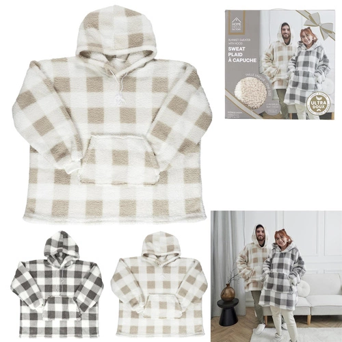 Bluzo deka Intesi snuddie teplá béžová kostkovaná s kapucí na pohovku 128 cm