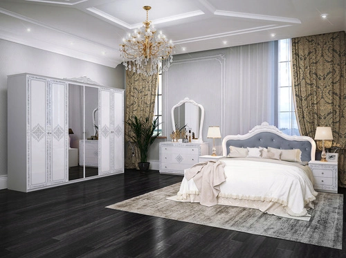 Šatní skříň s zrcadlem Diamante 281 cm bílý lesk moderní do ložnice s policemi