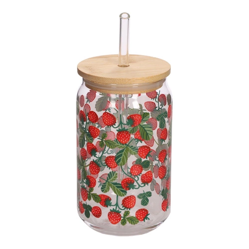 Sklenice na nápoj s víčkem a brčkem Soleo 530 ml jahody Intesi – letní design