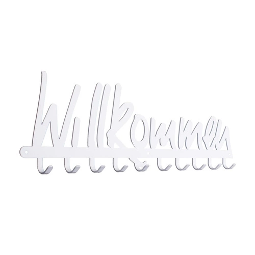 Moderní nástěnný věšák do předsíně Intesi Willkommen bílý kovový s nápisem