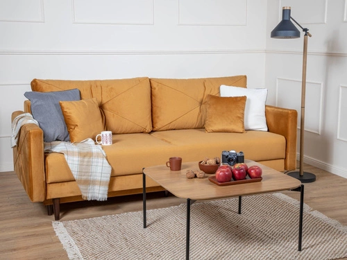 Rozkládací pohovka se spací funkcí Saxo dvoumístná do obýváku moderní žlutá s úložným prostorem