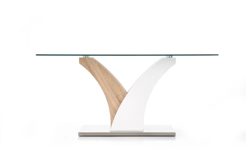 Jídelní stůl moderní Virem 160x90 cm skleněná deska dub sonoma bílá Intesi