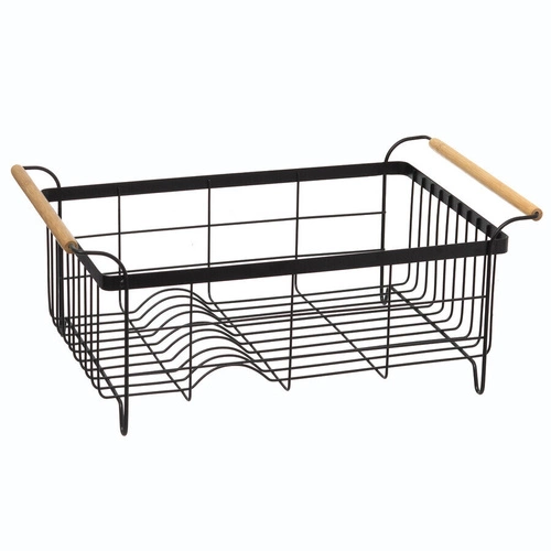 Odkapávač na nádobí černý s dřevěným držadlem na pracovní desku 43 cm s přihrádkou na příbory 5five