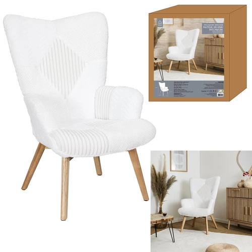 Křeslo ušák Helsinki bílý patchwork do obýváku skandinávský sametový s područkami