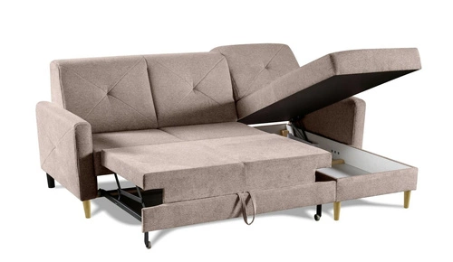 Rohová rozkládací pohovka Scandi růžová sametová do obýváku s úložným prostorem na lůžkoviny