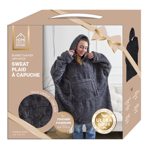 Intesi šedá fleecová deka s kapucí z umělé kožešiny teplá do obýváku na zimu 120x83 cm