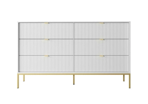 Komoda Delicious bílá s drážkovanými zásuvkami glamour na zlatých nohách do obýváku 154 cm