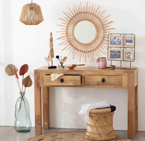 Kulaté boho zrcadlo Atmosphera z ratanu na stěnu do obýváku a předsíně 76 cm