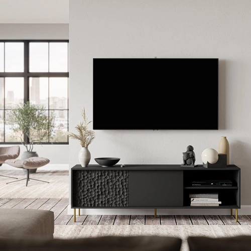Moderní černá TV komoda Afir 180 cm na zlatých nohách do obýváku s policemi a skříňkami