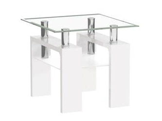 Moderní čtvercový konferenční stolek Darby bílý se skleněnou deskou a policí 60x60 cm do obýváku