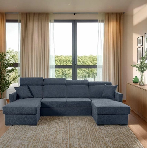 Rohová sedací souprava Mils U moderní rozkládací do obýváku, modro-šedá s úložným prostorem