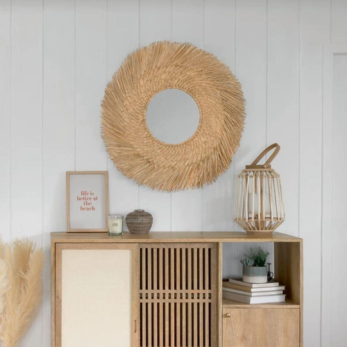Závěsné kulaté zrcadlo boho Ael 80 cm z přírodní třtiny do obývacího pokoje Atmosphera
