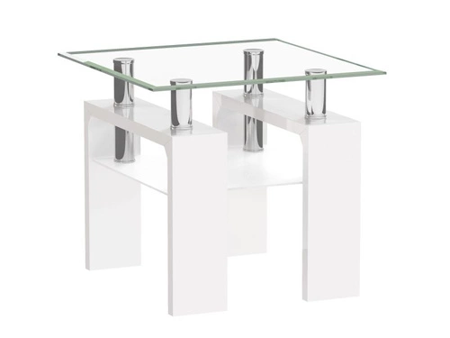 Moderní čtvercový konferenční stolek Darby bílý se skleněnou deskou a policí 60x60 cm do obýváku