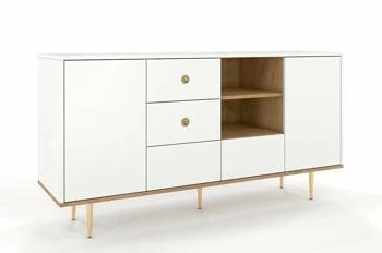 Bílá glamour komoda se zásuvkami Harmoni 160 cm dřevěná se zlatými nožkami do obýváku SKANDICA