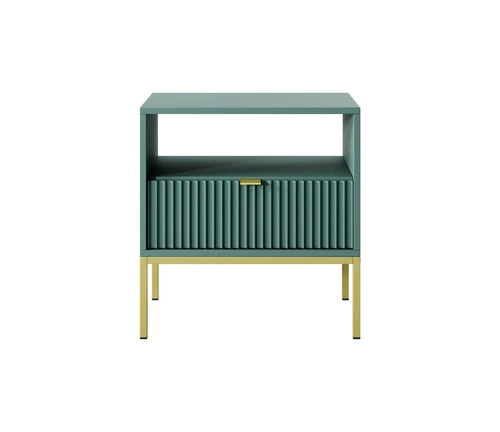 Noční stolek Delicious 54 cm, zelený s drážkováním a zásuvkami, zlaté nohy Intesi – loftový glamour do ložnice