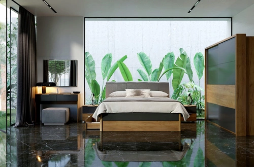 Čalouněná manželská postel Matle 160x200 s úložnými zásuvkami dub a šedá do ložnice