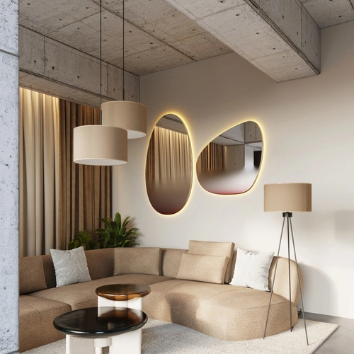 Stojací lampa do obýváku NEVIA moderní béžová s textilním stínidlem trojnožka 135 cm