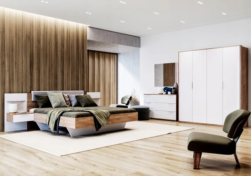 Moderní bílá šatní skříň Bella 200 cm s posuvnými dveřmi a policemi do ložnice lesk