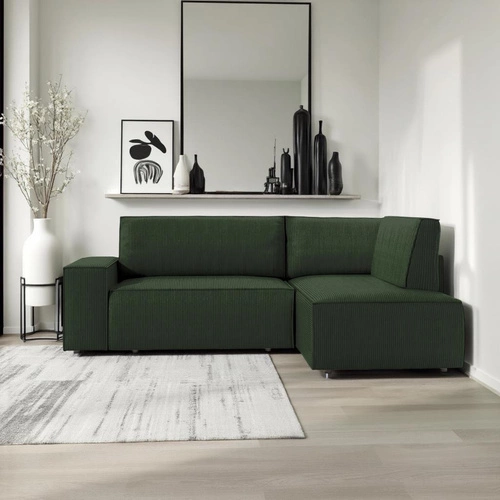 Rohová rozkládací pohovka Molde L pravá, manšestrová, tmavě modrá s úložným prostorem do obýváku