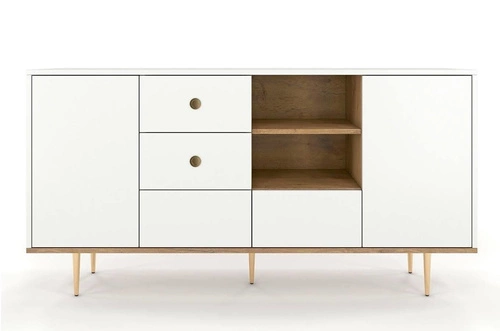 Bílá glamour komoda se zásuvkami Harmoni 160 cm dřevěná se zlatými nožkami do obýváku SKANDICA