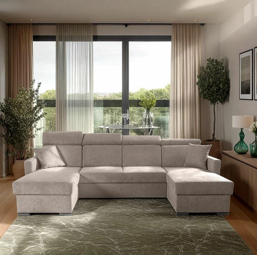 Moderní béžová rohová sedačka do obýváku s rozkladem a úložným prostorem Mils U Intesi