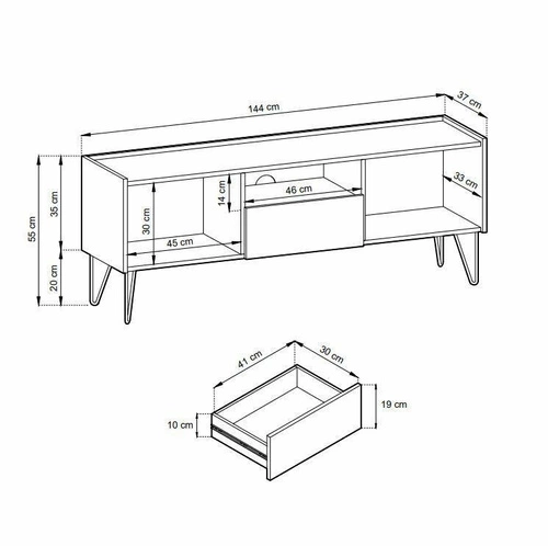 Černá TV komoda Marbren 144 cm moderní se zásuvkou a zlatými nohami do obýváku Intesi