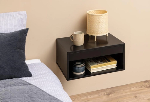Závěsný noční stolek černý 50 cm s zásuvkou minimalistický Actona Cholet do ložnice
