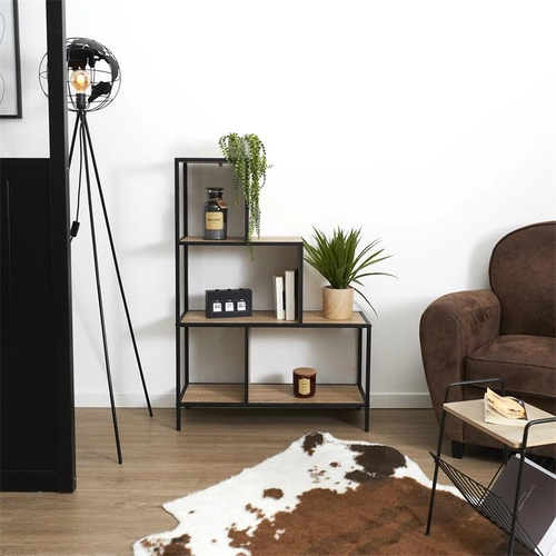 Kovový schodový regál Edison M na knihy loftový do obýváku přírodní černý 80 cm