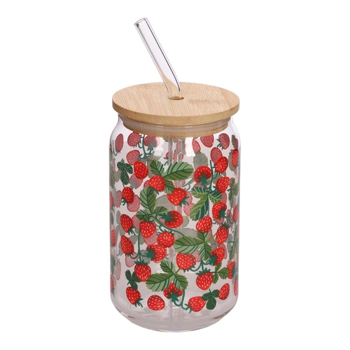 Sklenice na nápoj s víčkem a brčkem Soleo 530 ml jahody Intesi – letní design