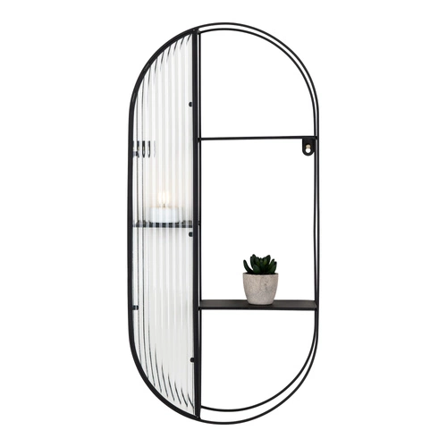 Nástěnná police Newcastle černá kovová s rýhovaným sklem 3 úrovně loftová do obýváku