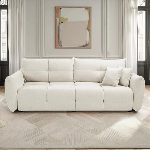 Rozkládací pohovka Bode bílá pro 3 osoby s úložným prostorem a funkcí spaní do obýváku