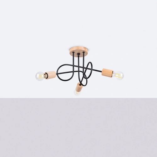 Stropní lustr do obýváku EMBER 3 černý minimalistický s dřevem 3-bodový Sollux Lighting
