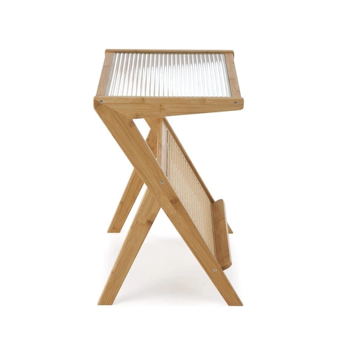 Ratanový konferenční stolek Balli boho s obdélníkovou skleněnou deskou v přírodní barvě do obývacího pokoje Intesi