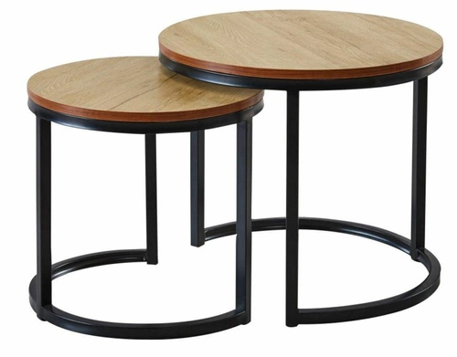 Sada 2 kulatých konferenčních stolků Mirra loftový dřevěný do obýváku přírodní/černý