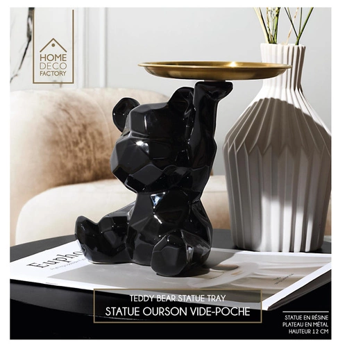 Dekorativní figurka medvěda origami černá se zlatým podnosem keramická do obýváku Intesi