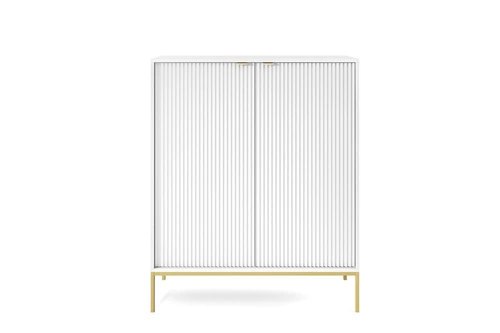 Vysoká bílá komoda s drážkováním Delicious Intesi moderní na zlatých nožkách do obýváku 125 cm