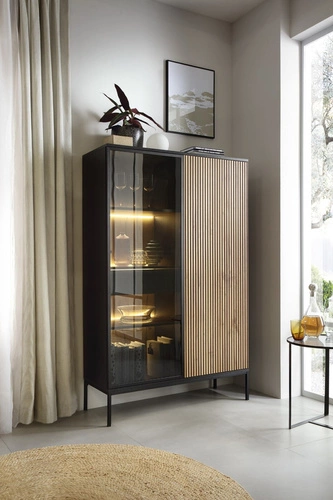 Knihovna do obýváku Novel industriální černá s dubem wotan se zásuvkou a LED Intesi