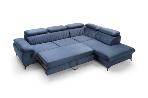Moderní rohová rozkládací pohovka Lund L pravá, modrá, s úložným prostorem do obýváku
