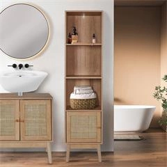 Dřevěná vitrína Bali do obýváku v boho stylu na knihy s policemi a dvířky 160 cm