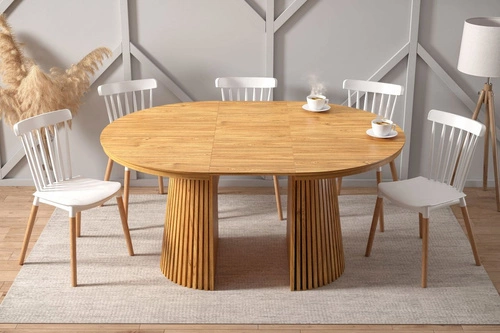 Rozkládací kulatý jídelní stůl Kyoto 120–200 cm přírodní dub moderní