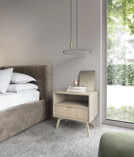 Noční stolek Intesi Sage 54x38 cm se zásuvkou, přírodní dřevo, boho-glamour s výpletem na čele