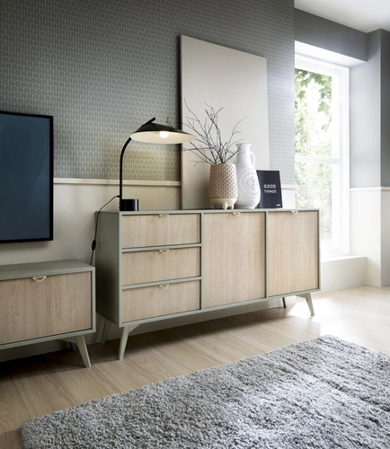 Komoda Sage 158 cm se zásuvkami a skříňkami v dekoru rybí kosti glamour do obýváku a ložnice