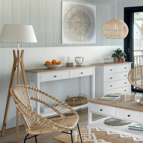 Stojací lampa Kalo bambusový trojnožka s poličkou, skandinávská lampa do obýváku