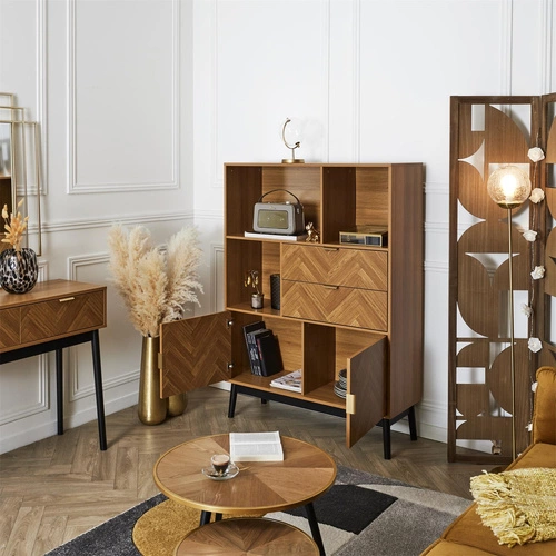 Skandinávská dřevěná knihovna s šuplíky Felix do obýváku a ložnice v přírodní barvě