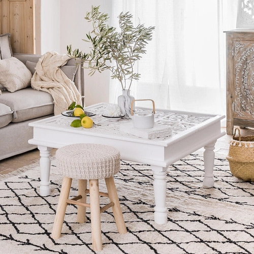 Taburet Suzette boho béžový čalouněný z bavlny do obýváku a ložnice Atmosphera