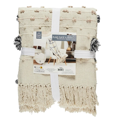 Boho pléd Tuffo krémový s třásněmi na pohovku do obýváku hřejivý a měkký 150x125 cm