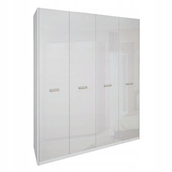 Čtyřdveřová šatní skříň Bella bílý lesk moderní s policemi a tyčí do ložnice 183 cm