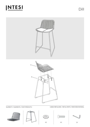 Barová židle Dill High černá s opěrkou, kovová, čalouněná, do kuchyně a k ostrůvku, 75 cm Intesi